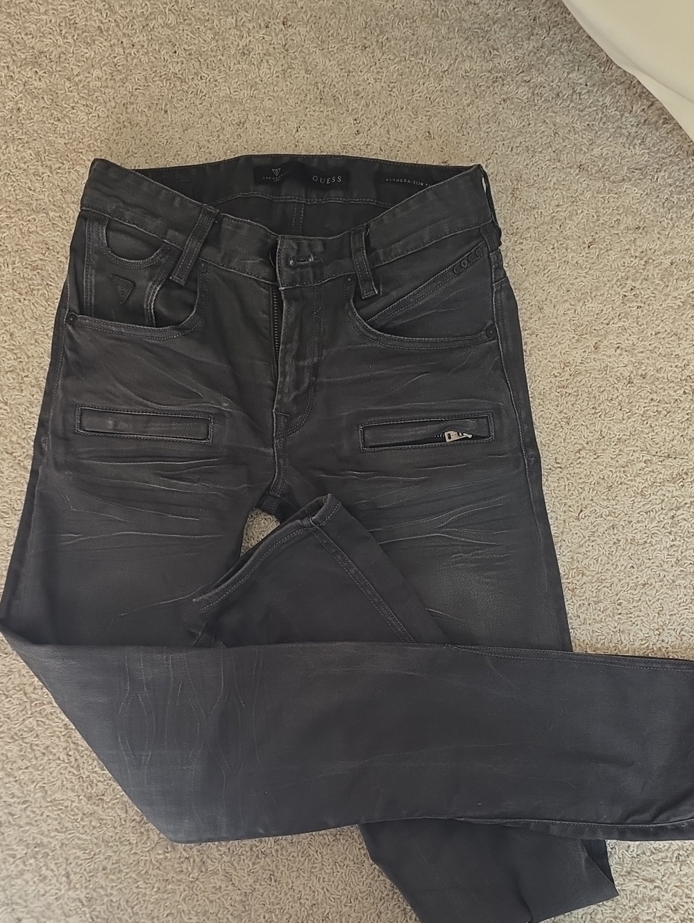Guess Men's Slim Black Moto Jeans with Zip Pocket Accents